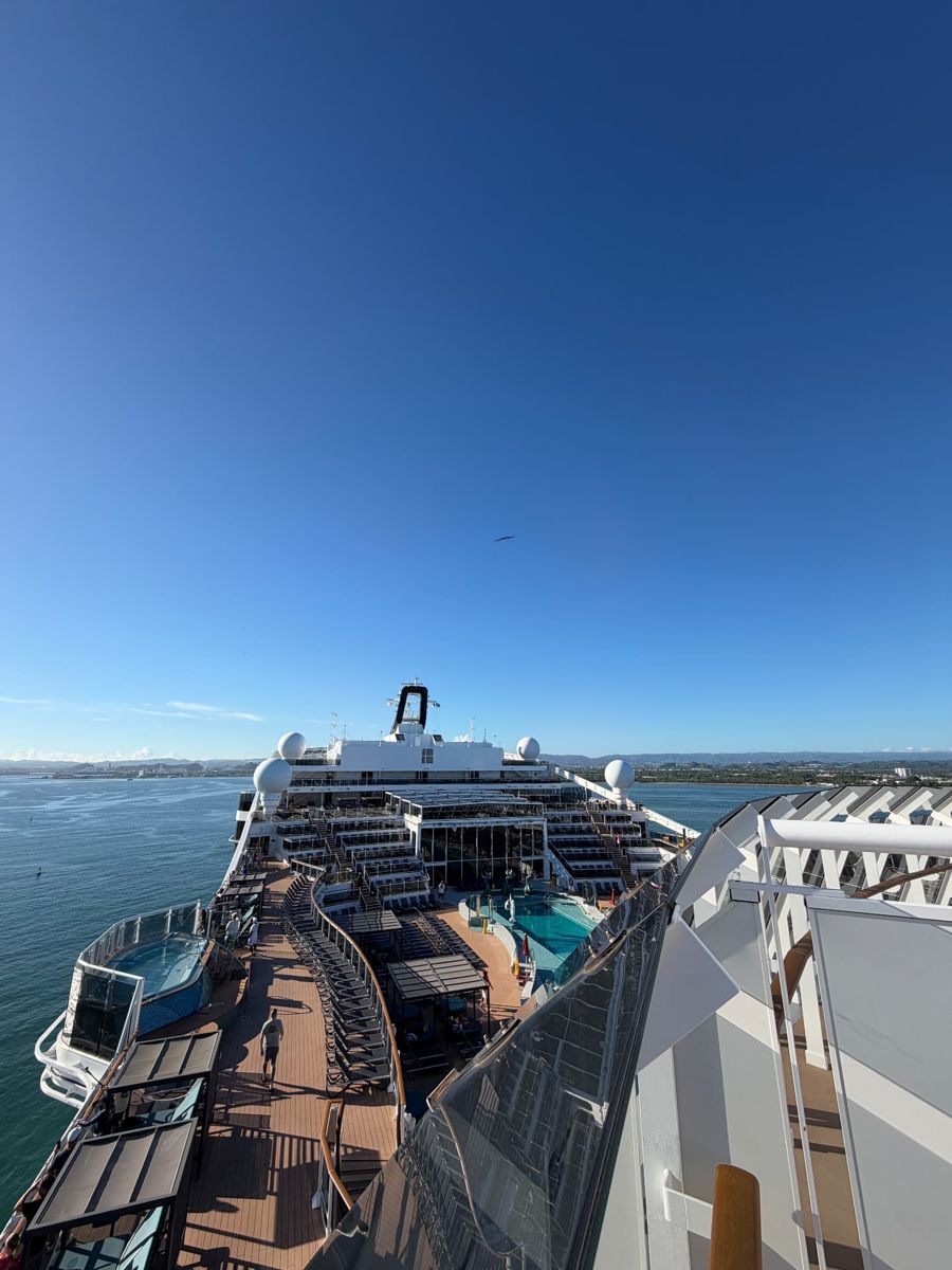 Looking forward over the top decks at sea