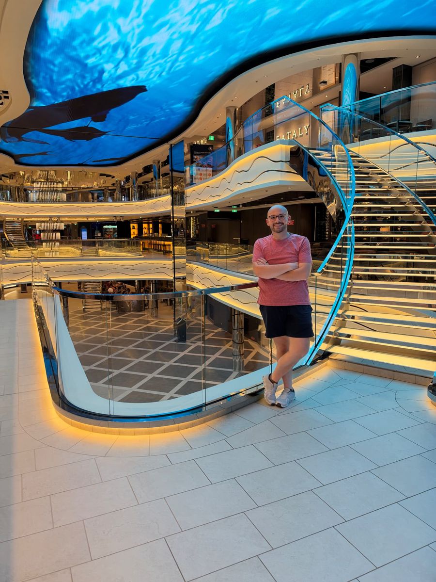 Chris in MSC World America’s indoor galleria beneath the digital ceiling